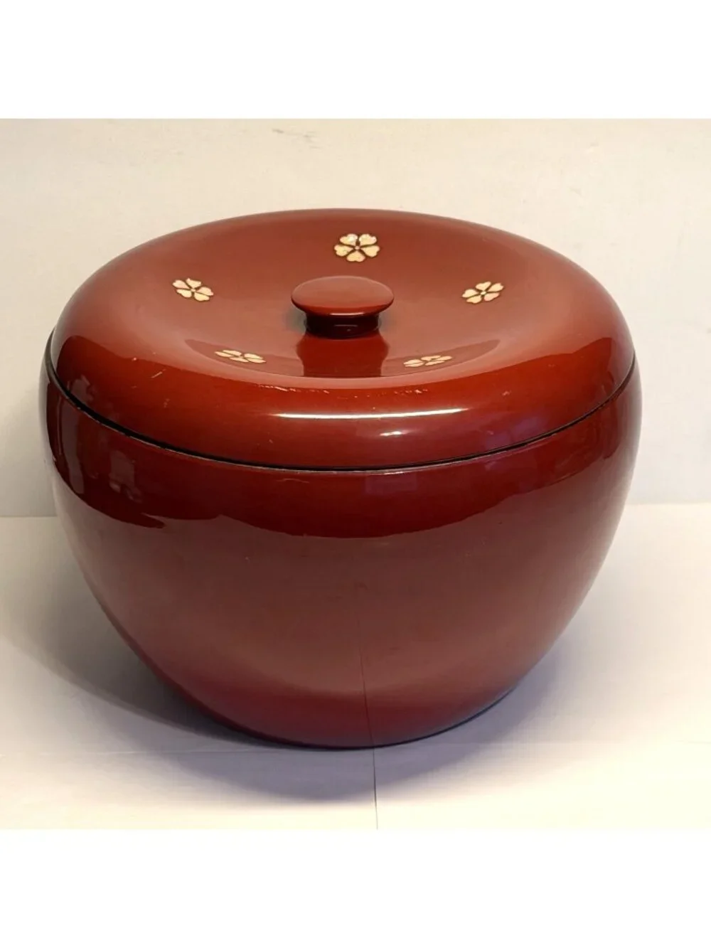 Japanese Wood Red Lacquer Ohitsu Rice Serving Bowl Mother of Pearl Inlay